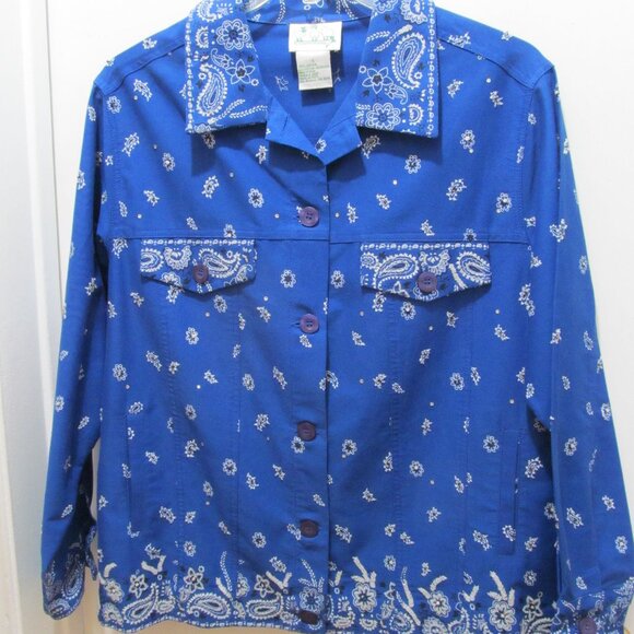 NWOT Quacker Factory Blue Bandanna Bandana Print Hand Beaded Jacket Size Large - Picture 1 of 16